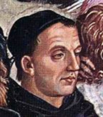 Посмертный портрет Фра Беато Анджелико кисти Лука Синьорелли, фрагмент фрески «Деяния Антихриста» (1501 г.) в Соборе Орвието , Флоренция