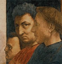 Автопортрет (в центре), фрагмент фрески «Св. Петр на кафедре» из капеллы Бранкаччи